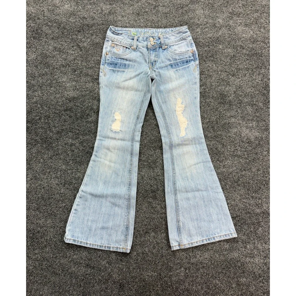 Justice Flare Jean Girls 10R Light Wash Distressed Y2K Vintage Denim Bell Bottom